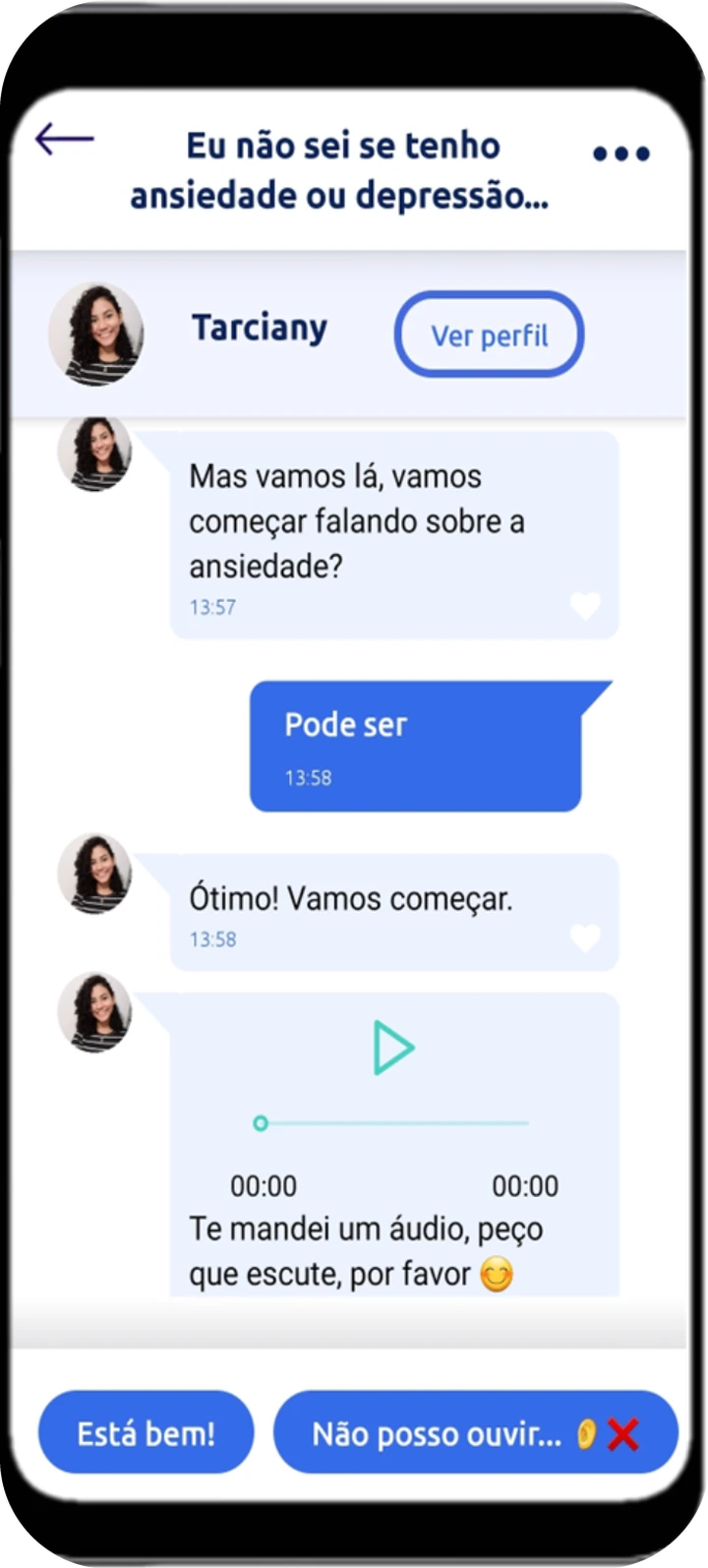 Tela de uma conversa no aplicativo, com mensagens de texto, um áudio e botões de resposta rápida.