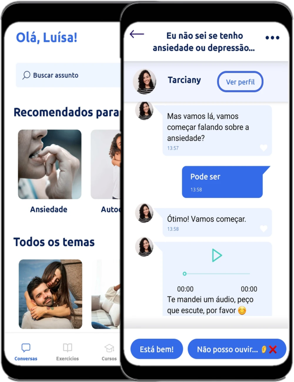 Duas telas do aplicativo: a página inicial, com temas recomendados, e uma conversa guiada com mensagens e um áudio.
